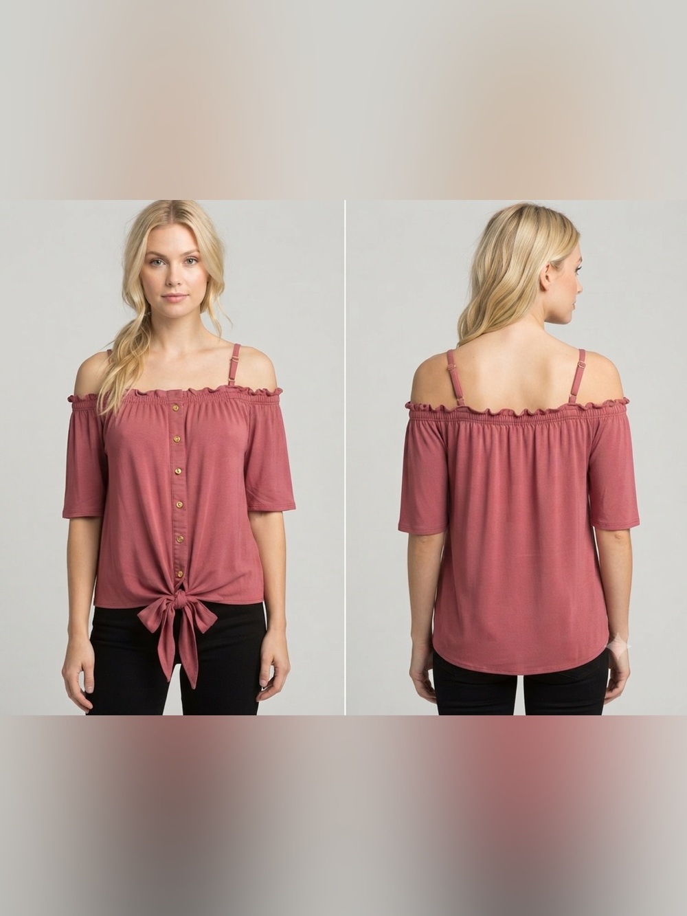 Mileage Off-Shoulder Button Front Tie Hem Top - Dusty Rose